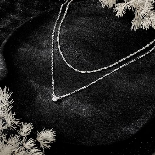 CHESKY Layered Silver Necklace for Women Trendy,Dainty Silver Plated Stackable Charm Necklace Layering Paperclip Tennis Rope Chain CZ Pendant Jewelry Set Gifts - style: CZ-wave