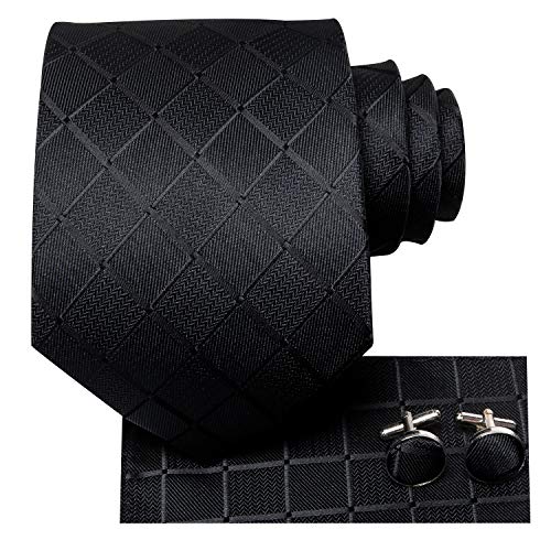 Hi-Tie Men 63inches Tie Set Extra Long Necktie Paisley Tie Pocket Suqare Cufflinks Big and Tall Men Tie - color: Black Plaid