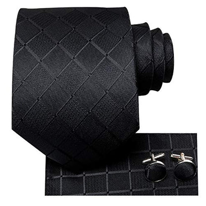 Hi-Tie Men 63inches Tie Set Extra Long Necktie Paisley Tie Pocket Suqare Cufflinks Big and Tall Men Tie - color: Black Plaid