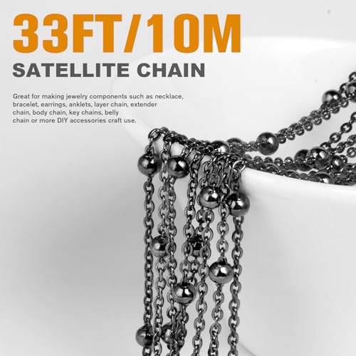33FT 2mm Gunmetal Black Satellite Bead Chains Roll Bulk for Jewelry Making | 304 Stainless Steel Ball Beaded Cable Link Chains Spool for Necklace DIY Craft - color: Black Big Beads Satellite Cable Chain