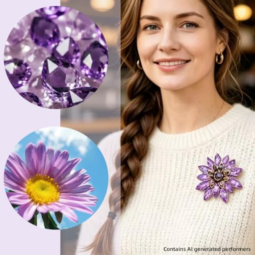 Crystal Flower Brooch Pin for Women Rhinestone Floral Lapel Jewelry - color: Purple