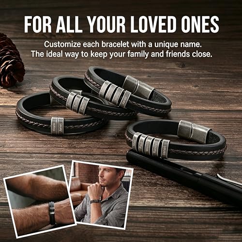 Personalized Bracelet for Men, Engraved Name Bead Braided Leather Bracelet for Dad Husband Grandpa Son, Custom Stainless Steel Men's Bracelet - color: 4 names
