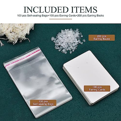 Earring Cards, Set Earring Making Supplies with 100 Pcs Earring Holder Cards 200 Pcs Earring Backs and 100 Jewelry Packaging for Earrings Necklace Jewelry Display, Jewelry Bags 3.5x2.4 Inches (White) - color: ZK100-White