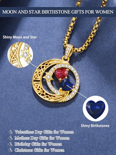 14K Gold Moon and Star Double Birthstone Necklace Gifts for Women | 2 Heart Birthstone Necklace,Mothers Day Wedding Anniversary Birthday Gifts for Wife Mom Daughter Grandma Sister - color: 07-09-Jul-Sept Birthstone