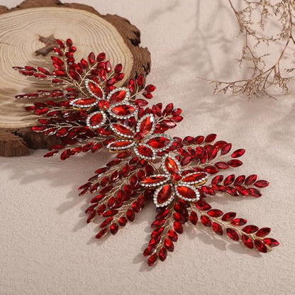 Teyglen Large Full Rhinestone Headband Flower Crystal Bride Wedding Headband Hair Vine Bridal Rhinestone Headpiece Wedding Hair Accessories for Women Party Prom (Red) - color: Red