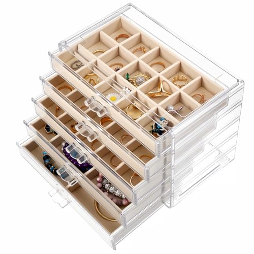 Acrylic Jewelry Box with 5 Drawers, Clear Case with Beige Velvet Lining, 9.25" x 5.31" x 6.7" Earring Organizer with Adjustable Dividers, Stackable Storage Display for Rings Necklaces Bracelets