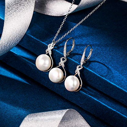EleQueen 925 Sterling Silver CZ Freshwater Cultured Pearls Bridal Pendant Necklace Earrings Wedding Jewelry Sets, Valentine's Day/Mother's Day/Christmas Gift - style: Pearl Necklace Leverback Earrings