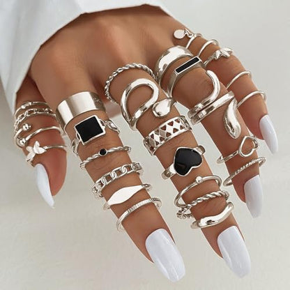 27 Pcs Gold Knuckle Rings Set for Women Girls，Stackable Joint Finger Statement Rings Bohemian Retro Hollow Carved Midi Rings， Gothic Rings Set for Women