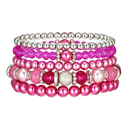 Noessla Beaded Pearl Stretch Bracelet Silver Stackable Crystal Beads Bracelets Trendy Costume Jewelry Mothers Day Gifts for Women - color: Hot pink