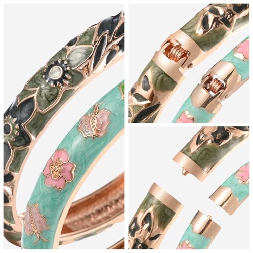 UJOY Cloisonne Bracelet Butterfly Hinge Indian Cuff Bangle Enameled Jewelry Flower Bracelets for Women Gift Box 55A114 - color: A67-2 Pcs Set-Green