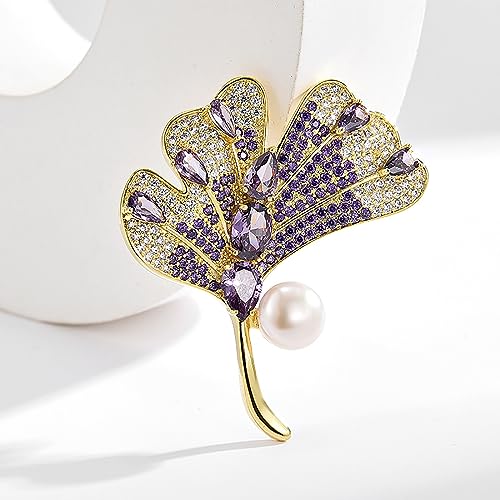 Brooches and Pins for Women Elegant Flower Pearl Brooches Costume Broches Jewelry Lady Christmas Pin for Women - style: Purple Ginkgo Leaf