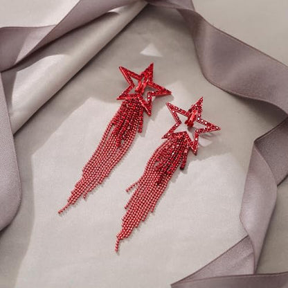 EVER FAITH Crystal Long Waterfall Star Tassel Clip-on Earrings for Women | Rhinestone Beaded Fringe Chandelier Dangle Statement Earring, Wedding Party Jewelry - color: Red Red-Tone