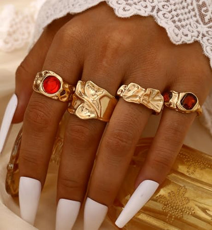iF YOU 25 Pcs Gold Stackable Ring Set for Women, Chunky Knuckle Finger Midi Rings, Silver Simple Stacking Cute Rings Pack Trendy Stuff Jewelry Gift - style: 10 Red gem rings