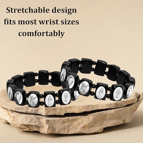 Catholica Shop Devotional Catholic Religious Wood Stretch Bracelets. Small and Large Panels with Assorted Images of Saints, Jesus and Mary. Unisex. Handcrafted in Brazil - style: B&W Sm Panel