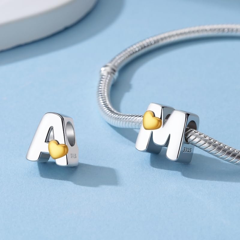 A~Z Alphabet Charm Letter Beads 925 Sterling Silver with Heart-shaped 5A Cubic Zircon Stones fits Pandora European Bracelets Necklace Jewelry Gift for Women - style: A Letter Charms
