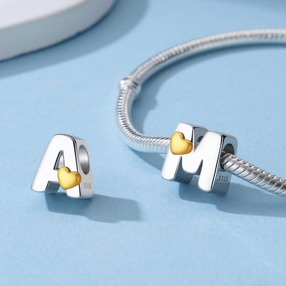 A~Z Alphabet Charm Letter Beads 925 Sterling Silver with Heart-shaped 5A Cubic Zircon Stones fits Pandora European Bracelets Necklace Jewelry Gift for Women - style: A Letter Charms