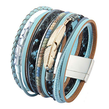 GelConnie Womens Leather Cuff Bracelet Feather Multi Strand Bracelet Wrap Bracelet Turquoise Boho Bangle Braided Leather Wristbands Bohemian Jewelry Gifts for Women Wife Sister - color: Feather Cuff Bracelet-blue