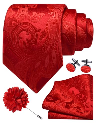 GUSLESON Paisley Tie Set for Men 3.15" Necktie Lapel Pin Hankerchief Cufflinks Set for Men - color: Red