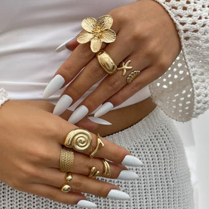 GIGB PBDK Chunky Gold Flower Open Knuckle Ring Set for Women,Dainty Seashell Starfish Statement Midi Finger Ring,Trendy Holiday Jewelry Accessories Gifts