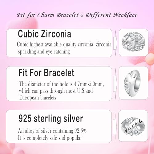 MICOO 925 Sterling Silver Jan-Dec Birthstone Charms For Bracelets and Necklaces, Original DIY Bead Charms With Cubic Zirconias Jewelry Birthday Gifts For Women. - color: 4-April Birthstone charm