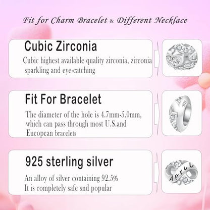 MICOO 925 Sterling Silver Jan-Dec Birthstone Charms For Bracelets and Necklaces, Original DIY Bead Charms With Cubic Zirconias Jewelry Birthday Gifts For Women. - color: 4-April Birthstone charm