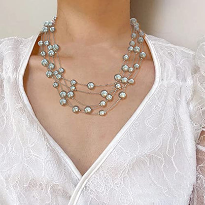 FULU AUTUMN Layered Pearl Necklace Multi-strand Pearl Choker Necklaces for Women Beaded jewelry for Wedding Parties - color: Grey