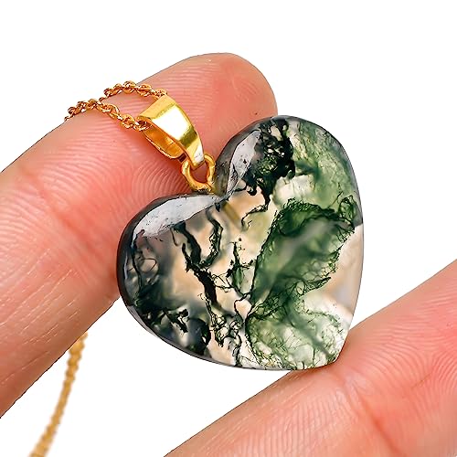 AURA GEMS Moss Agate Cabochon Heart Shape Pendant Necklace, Natural Gemstone, Women Jewelry, Energy Healing Crystals, Calm Chakra, Birthstone, Gift for Women, Gold Plated Jewelry 18 inch, AA+ Quality