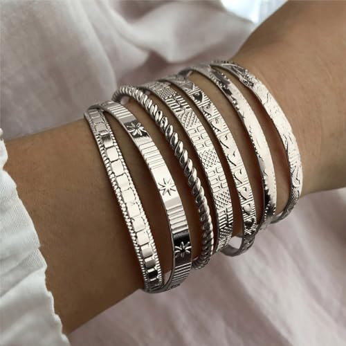 IFKM Gold Bangle Bracelets For Women, 14k Gold Plated Multi Layer Stackable Cuff Bracelet Set, Trendy Elegance Charms Non Tarnish Minimalist Textured Boho Jewelry Gift for Women - style: 7pcs Hexawn star twist silver