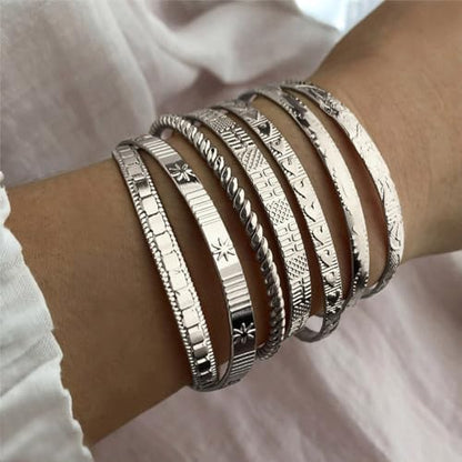 IFKM Gold Bangle Bracelets For Women, 14k Gold Plated Multi Layer Stackable Cuff Bracelet Set, Trendy Elegance Charms Non Tarnish Minimalist Textured Boho Jewelry Gift for Women - style: 7pcs Hexawn star twist silver