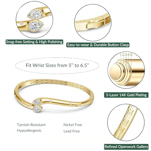 AuraLyric Gold Bracelets for Women, 14K Gold Plated Nail/Love/Emerald Green/Teardrop/Round White CZ Bangle Bracelets, Stackable Gold Bangles Non Tarnish, Gifts for Wife Mom Daughter 6.5 Inch - color: White CZ - Pear