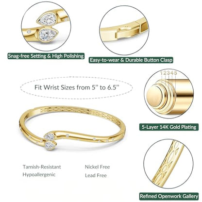 AuraLyric Gold Bracelets for Women, 14K Gold Plated Nail/Love/Emerald Green/Teardrop/Round White CZ Bangle Bracelets, Stackable Gold Bangles Non Tarnish, Gifts for Wife Mom Daughter 6.5 Inch - color: White CZ - Pear