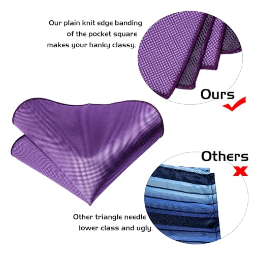 5PCS Mens Silk Tie, Pocket Square, Cufflinks, Drilled Tie Ring and Lapel Pin Set for Wedding Groom Party - color: Solid Purple Tie Set -74+11