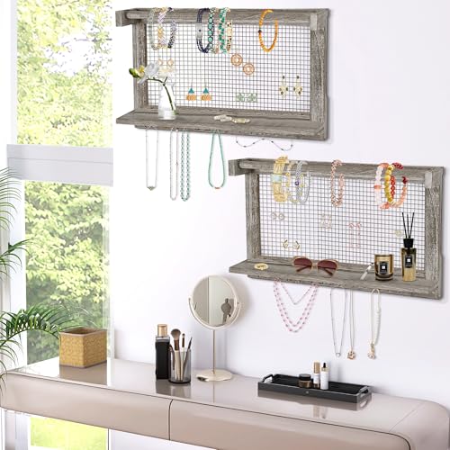 Jerry & Maggie Wall Mounted Jewelry Organizer, Wooden Necklace Holder Hanger with Hooks, Wall Jewelry Organizer Wall Mount for Necklace Display (2 Pack) - color: 2 Pack