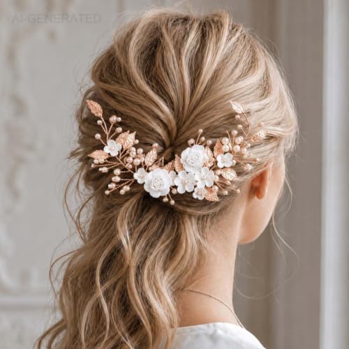 CASDRE Flower Bride Wedding Hair Vine Pearl Bridal Headpiece Leaf Hair Accessories Hair Piece for Women and Girls (C Rose Gold) - color: C Rose Gold