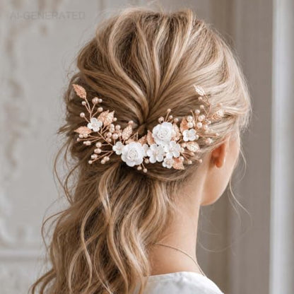 CASDRE Flower Bride Wedding Hair Vine Pearl Bridal Headpiece Leaf Hair Accessories Hair Piece for Women and Girls (C Rose Gold) - color: C Rose Gold