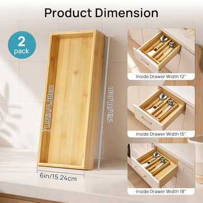 Vtopmart Bamboo Drawer Organizer Boxes - Set of 2 Multi-purpose Wooden Storage Dividers for Kitchen, Bathroom, Office, Desk, Makeup, Jewelry & More, Non-Slip Junk Drawer Organizer Trays for Storage - style: 2 Boxes