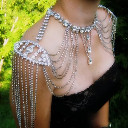 Crystals Tassels Shoulder Chain Necklace Multilayered Body Jewelry Accessory for Women Bridal Wedding Arm Supplies