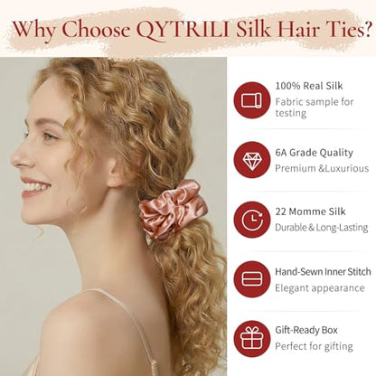 Silk Scrunchie 1.4" Medium Wide 6A 22 Momme 100% Mulberry Silk Hair Ties,Gentle on Hair No Damage No Crease for Women Girls Curly Thick Wavy Hair,Sample Fabric Provided (1, Beige) - color: Beige