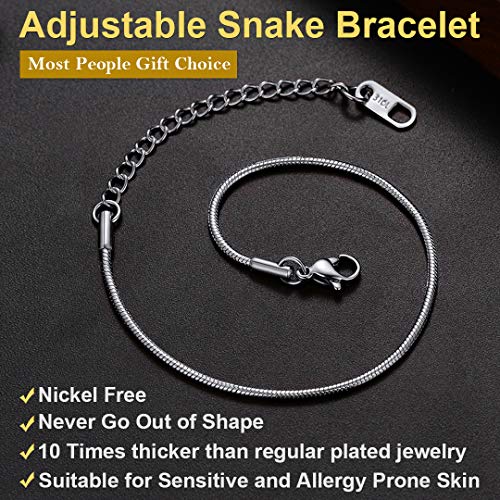 ChainsHouse Stainless Steel Herringbone Flat Chain Bracelets for Women,18K Gold/Rose Gold/Black Metal Paperclip/Snake/Cuban/Figaro Sterling Silver Link Charm Bracelet, 16+5cm Adjustable, With Gift Box - color: d. snake-stainless