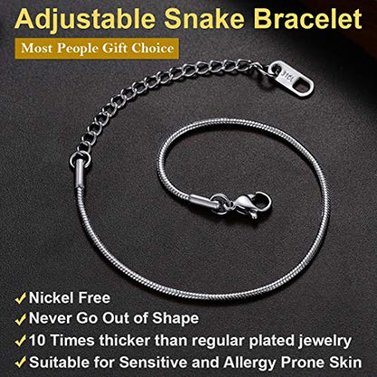 ChainsHouse Stainless Steel Herringbone Flat Chain Bracelets for Women,18K Gold/Rose Gold/Black Metal Paperclip/Snake/Cuban/Figaro Sterling Silver Link Charm Bracelet, 16+5cm Adjustable, With Gift Box - color: d. snake-stainless