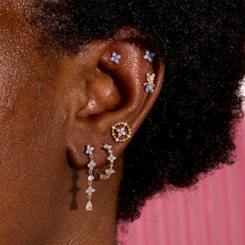 Sterling Silver Earrings Stacks for Women, Hypoallergenic Cartilage Earring | Dainty Stud Huggie Hoop Dangle Chain Earrings, 14K Gold/White Gold Plated - color: 6Pcs Blue Blossom Set(Single Earring Not a Pair)