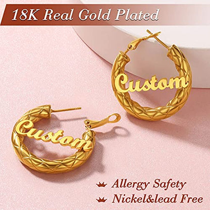 FindChic Chunky Hoop Earrings for Women, Silver/Black/14K Gold Plated Crossover Patterned Hollow Tube Rounded Loop Earrings, 30mm/40mm/60mm/80mm Hoops with Custom Name Options and Gift Box - color: f.Gold (Custom Name), size: 30MM