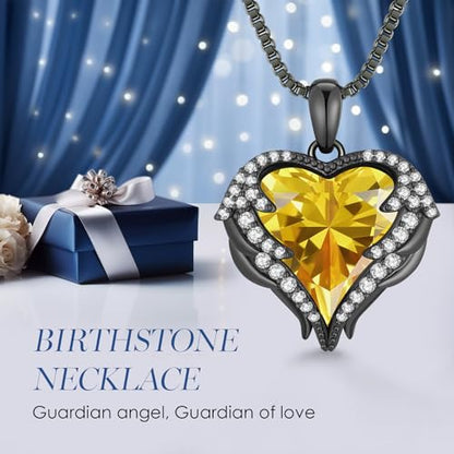CDE Angel Wings Heart Birthstone Pendant Necklace Gift for Women | Silver/Gold Tone,Ideal Birthday & Anniversary Jewelry Gift for Wife,Girlfriend,Her - color: Black-11-Yellow Birthstone