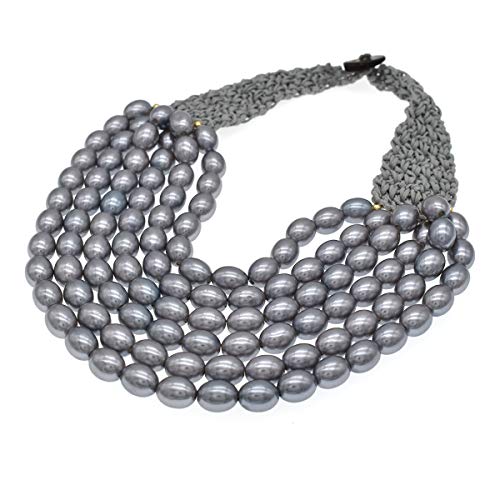 utop JNF Hand made Pearl Statement Necklace for Women Rhinestone Multilayer Crystal Necklaces Chunky Pearl Necklace Large Pearl Necklace and Earrings Set for Mother Mom's gift - color: grey pearl necklace