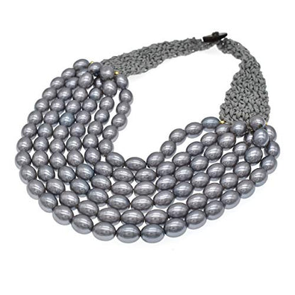 utop JNF Hand made Pearl Statement Necklace for Women Rhinestone Multilayer Crystal Necklaces Chunky Pearl Necklace Large Pearl Necklace and Earrings Set for Mother Mom's gift - color: grey pearl necklace