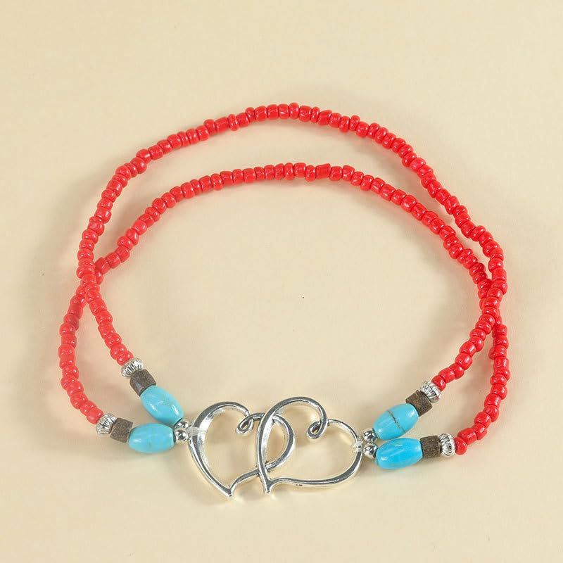 Elastic Beaded Ankle Bracelets for Women Double Heart Layered Stretch Ankle Bracelets Waterproof Dainty Boho Beaded Anklets for Summer Beach Foot Jewelry - color: Red Silver