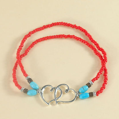 Elastic Beaded Ankle Bracelets for Women Double Heart Layered Stretch Ankle Bracelets Waterproof Dainty Boho Beaded Anklets for Summer Beach Foot Jewelry - color: Red Silver