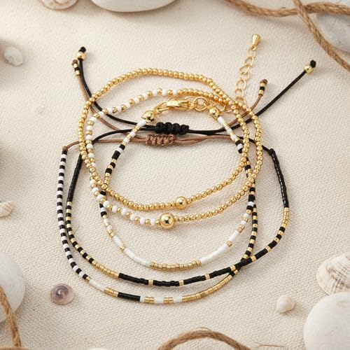 5Pcs Stack Gold Plated Ball Beaded Bracelets Set for Women, Boho Handmade Colorful Glass Pearl Stretch Accessories Jewelry, Summer Beach Daily Wear Holiday Friendship Gift - color: White Black Gold
