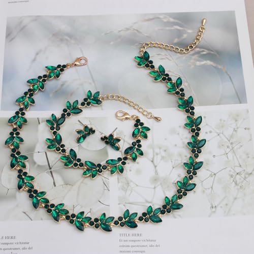Bridal Wedding Crystal Leaf Choker Necklace Dangle Earring Bracelet Brides Bridesmaid Jewelry Set for Women - color: Emerald-Gold Plated