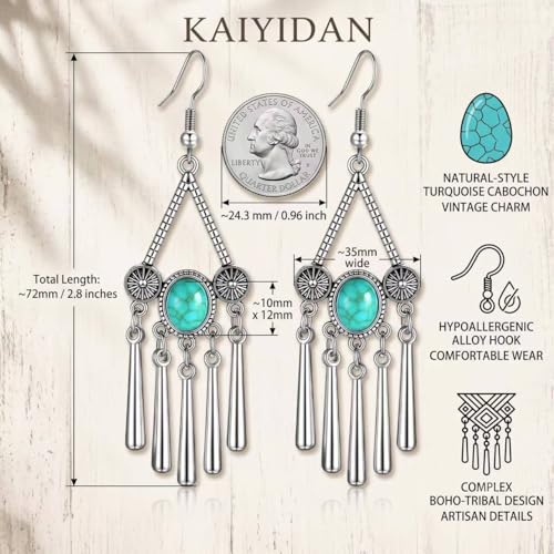 Boho Turquoise Dangle Earrings For Women Trendy,Western Blue Gemstone Drop Earings,Vintage Gothic Ethnic Statement Beach Vacation Long Birthstone Earrings with Leaf Teardrop Turquoise Crystal Tassels,Fashion Jewelry Birthday Gift. - style: A1 Turquoise ta
